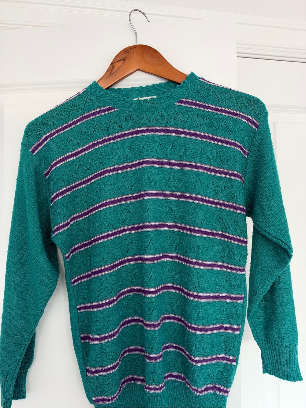 Vogue Teal Crewneck Sweater with Purple & White Stripe Accents